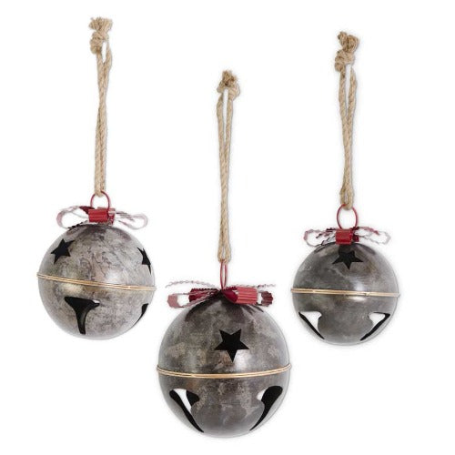 Marbled Dark Metal Jingle Bells With Ribbed Red Bow - Set of 3