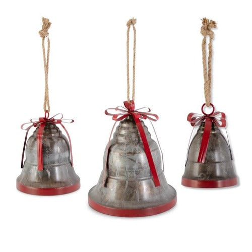 Marbled Dark Metal Bells With Red Ribbons and Jute Hanger