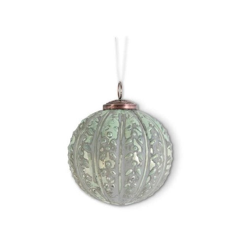 Distressed Green Glass Embossed Ball Ornament