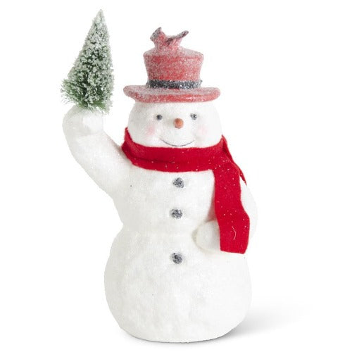 Sugar Glittered Snowman Holding Tree w/Red Top Hat & Scarf