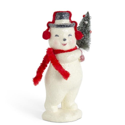 Glittered Snowman w/Red Earmuffs & Scarf Holding Bottle