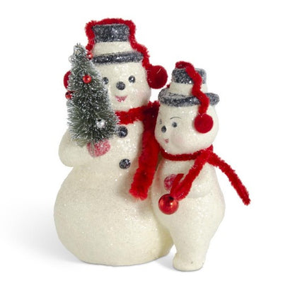 Glittered Snowmen With Red Earmuffs & Scarves Holding Tree