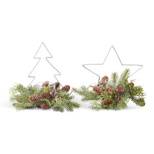 Assorted Glittered Brown Metal Cutout Votives With Pine