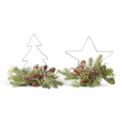 Assorted Glittered Brown Metal Cutout Votives With Pine