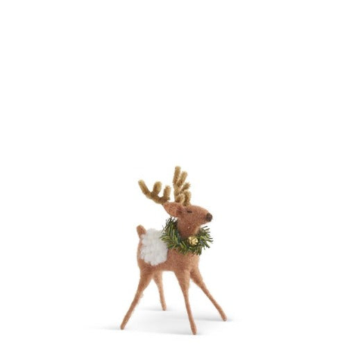 Tan Wool Reindeer With Wreath & Bell - 6