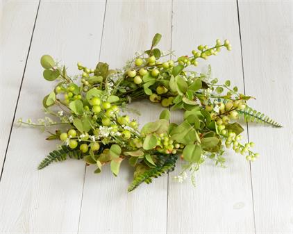 Candle Ring With Assorted Green Berries and Foliage