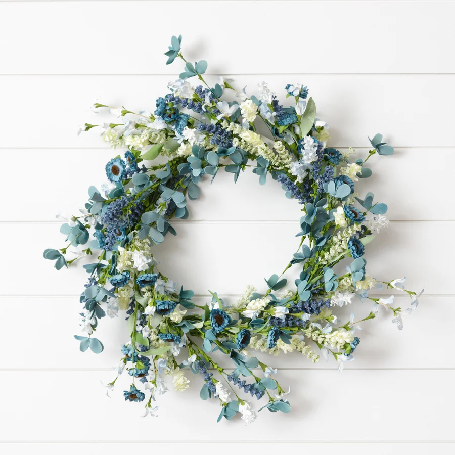 Shades of Blue Flowers and Foliage Wreath
