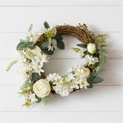 Twig Base Wreath With White Roses & Carnations