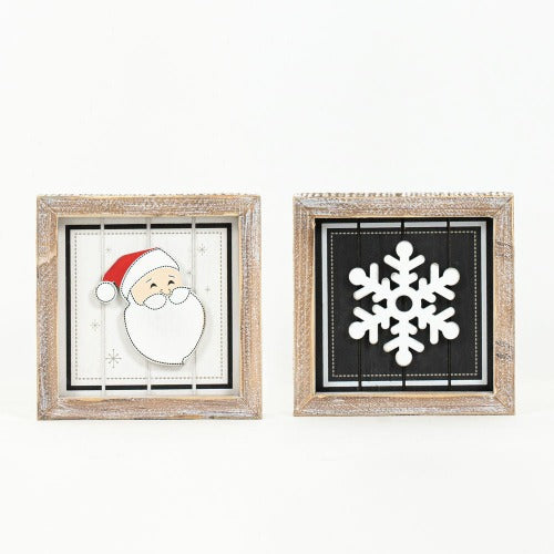 Reversible Wood Framed Santa & Snowflake Sign