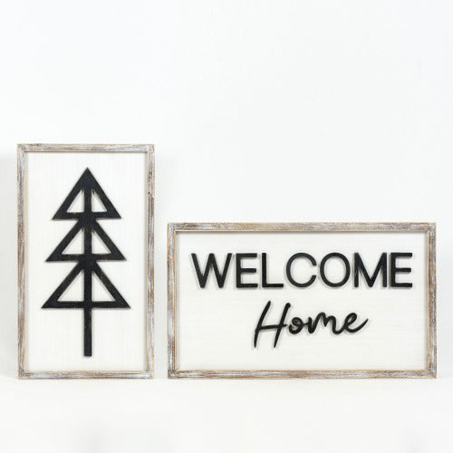 Reversible Wood Framed Welcome Home & Tree Sign