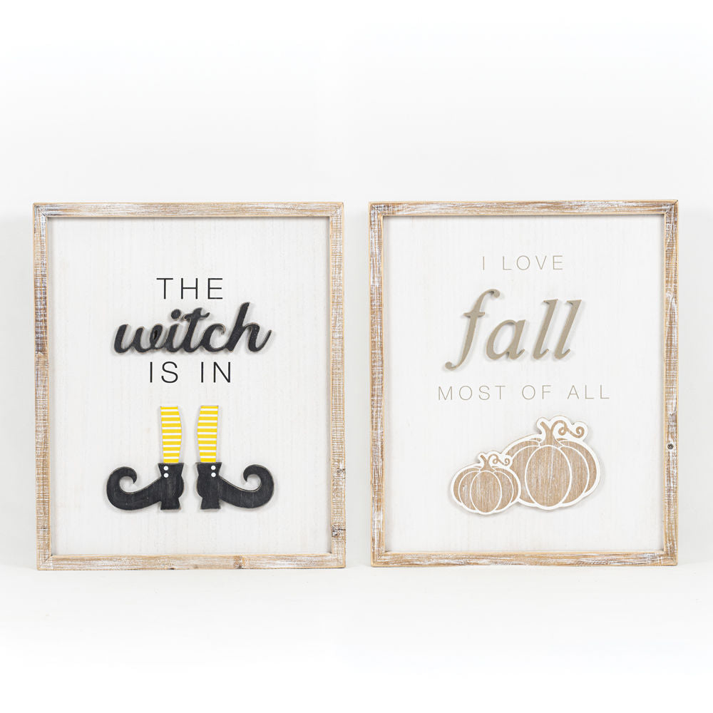 Reversible The Witch Is In/I Love Fall Most of All Block Sign