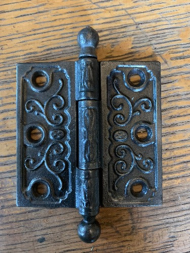 Antique Decorative Cast Iron Ball Tip Door Hinge - 3½" x 3½"