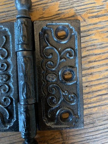 Antique Decorative Cast Iron Ball Tip Door Hinge - 3½" x 3½" close up