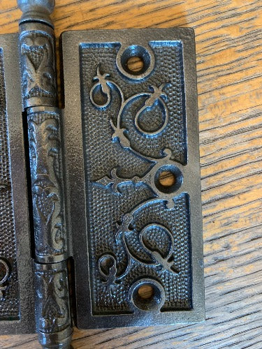 Antique Decorative Cast Iron Steeple Tip Door Hinge - 4½" x 4½" up close