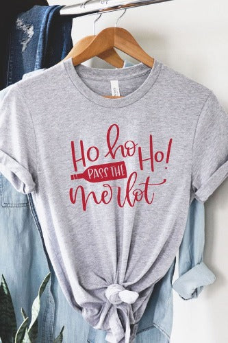 Ho Ho Ho Pass The Merlot Adult Graphic Tee gray